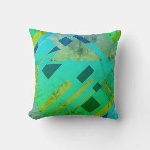 Teal Blue Green Grey Gold Diagonal MCM Look Motif Cushion