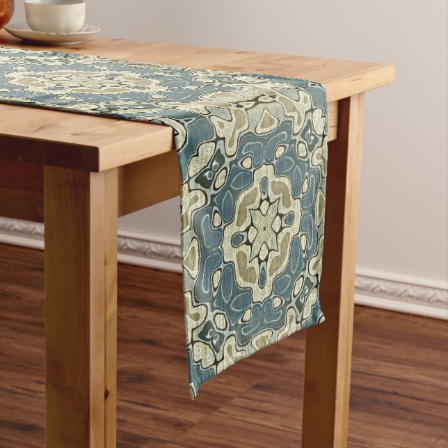 Teal Blue Green Grey Ochre Hip Bohemian Bali Art Medium Table Runner (In Situ)
