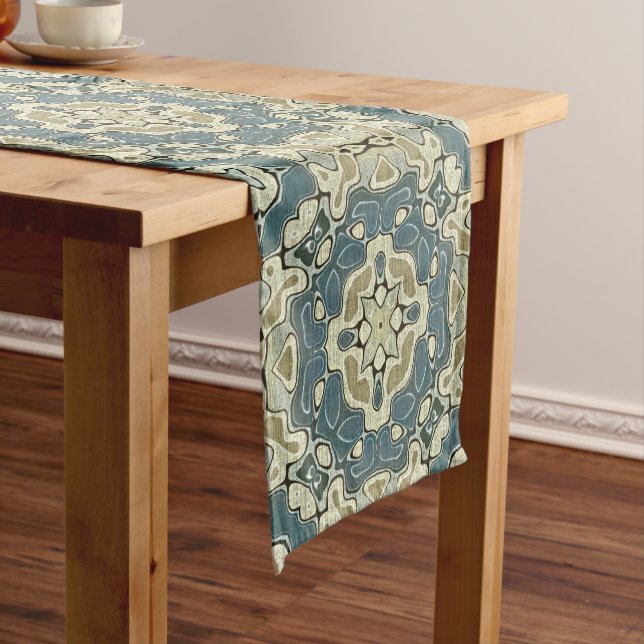 Teal Blue Green Grey Ochre Hip Bohemian Bali Art Short Table Runner (In Situ)