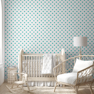 Teal Blue Green Hearts on White Wallpaper