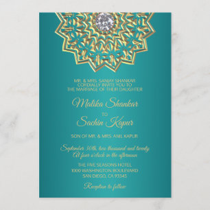 Teal Blue Green Mandala Gold Indian Wedding Invitation