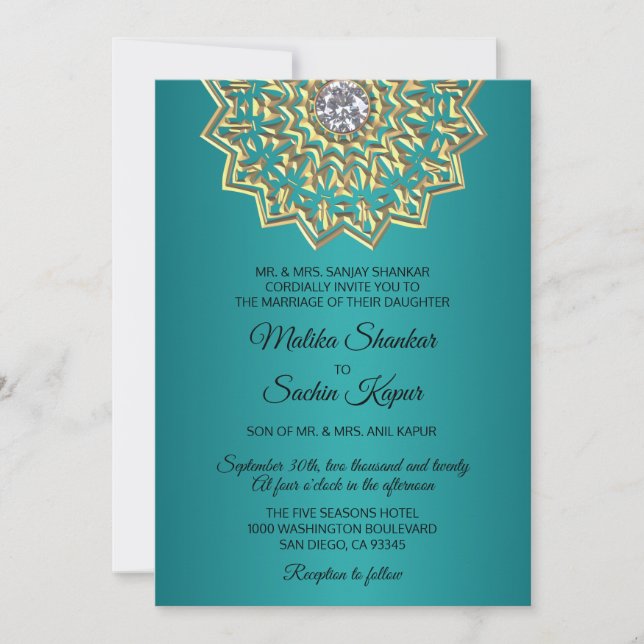 Teal Blue Green Mandala Gold Indian Wedding Invitation (Front)