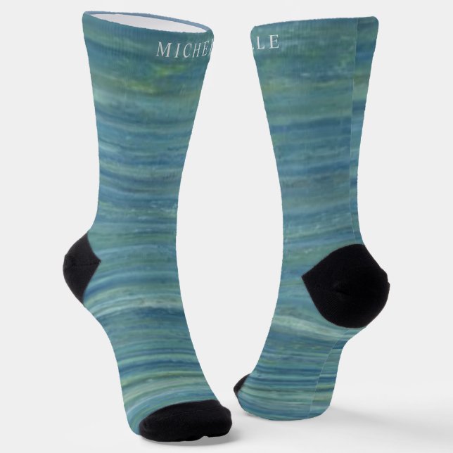 Teal Blue Green Marble Lines Striped Custom Name  Socks (Angled)