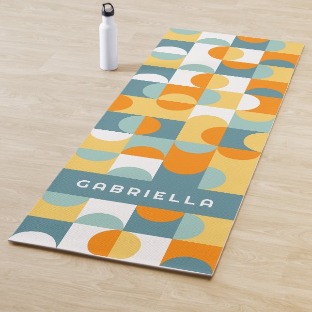 Teal Blue Green Orange Midcentury Circles Pattern Yoga Mat (In Situ)