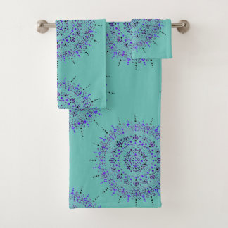 Teal Blue Green Painted Mandala  Bath Towel Set