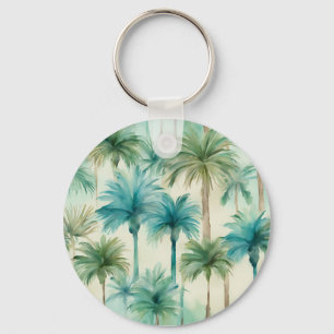 Teal Blue Green Palm Trees Pattern Key Ring