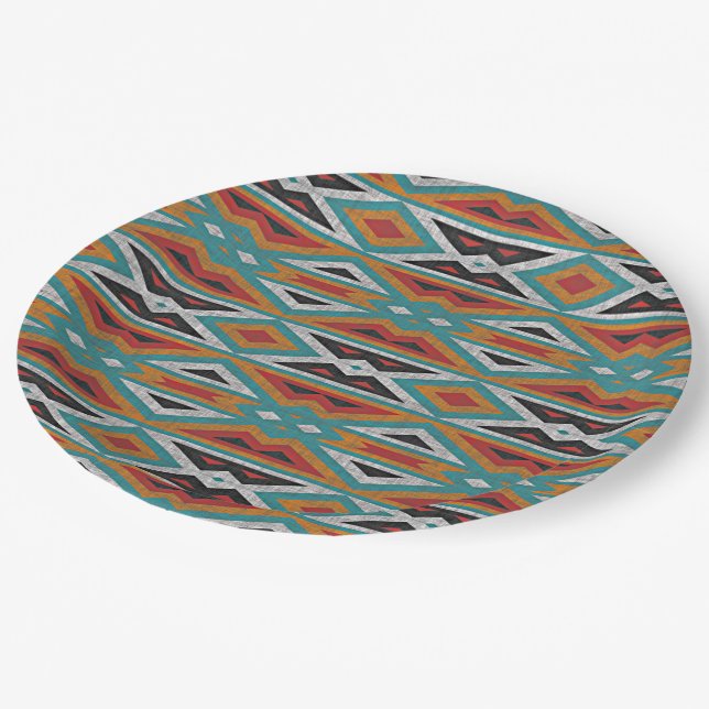 Teal Blue Green Red Terra Cotta Tribal Art Pattern Paper Plate (Angled)