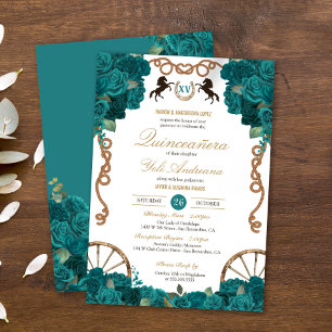 Teal Blue Green Rose Country Western Quinceanera Invitation