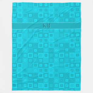 Teal blue-green squares pattern with your intials fleece blanket