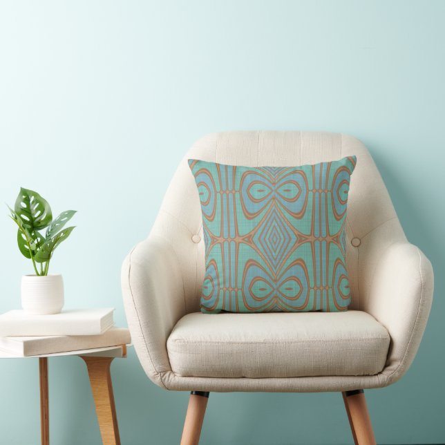 Teal Blue Green Taupe Brown Beige Tribal Pattern Cushion (Chair)
