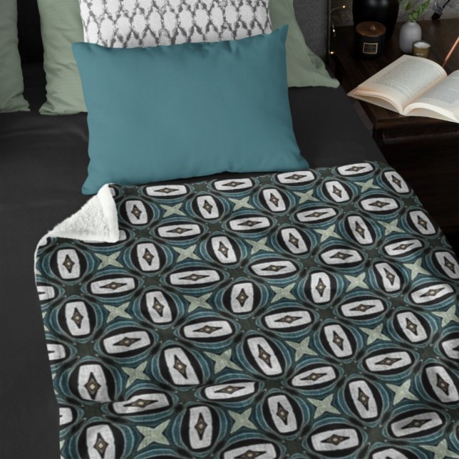 Teal Blue Green Taupe Brown Bohemian Tribe Art Fleece Blanket (Creator Uploaded)