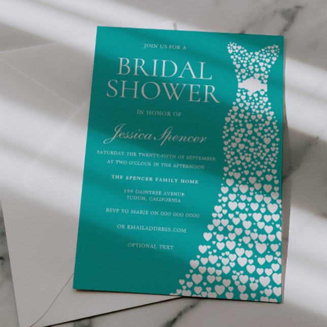 Teal Blue Green White Wedding Dress Bridal Shower Invitation (Creator Uploaded)