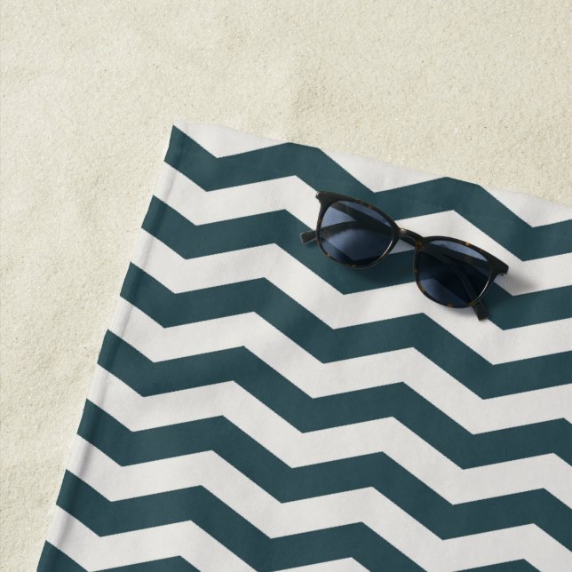 Teal blue green zig zag stripe geometric beach towel (In Situ)