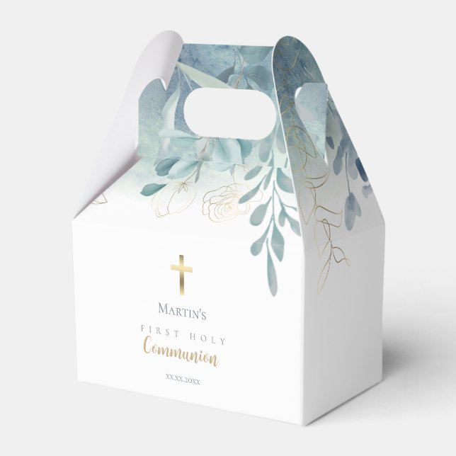 teal blue greenery First Holy Communion  Favour Box (Front Side)