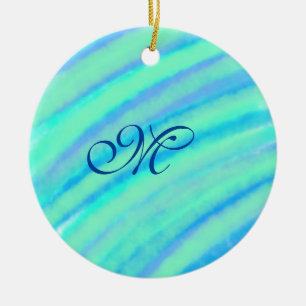 Teal blue greenwatercolor lines add your monogram  ceramic tree decoration
