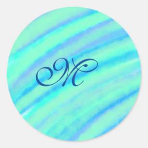 Teal blue greenwatercolor lines add your monogram  classic round sticker