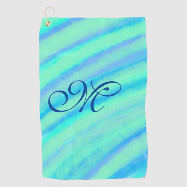 Teal blue greenwatercolor lines add your monogram  golf towel (Front)