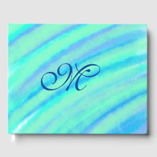 Teal blue greenwatercolor lines add your monogram  guest book