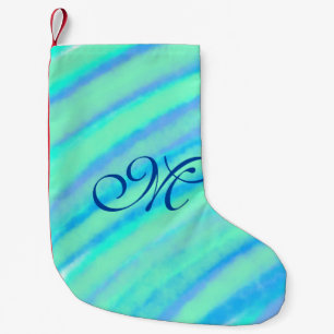 Teal blue greenwatercolor lines add your monogram  small christmas stocking