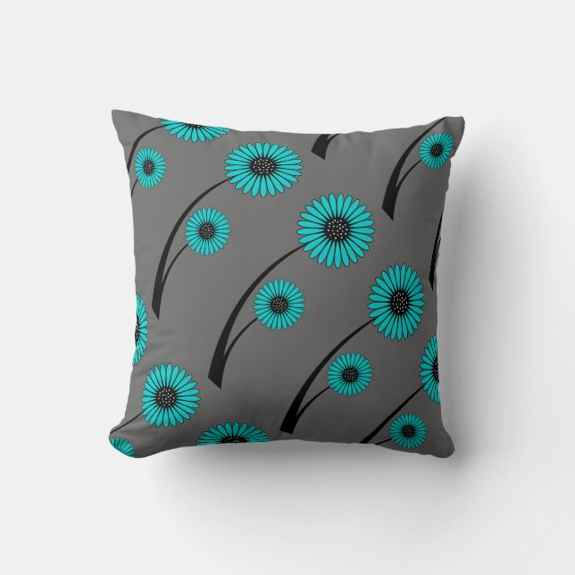 Teal Blue Grey Black Floral Flowers Cushion (Front)