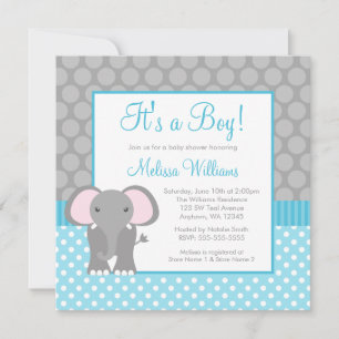 Teal Blue Grey Elephant Polka Dot Boy Baby Shower Invitation
