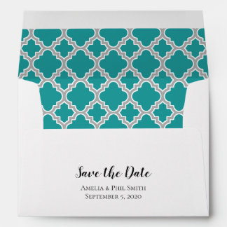 Teal Blue Grey Quatrefoil Save The Date Envelope