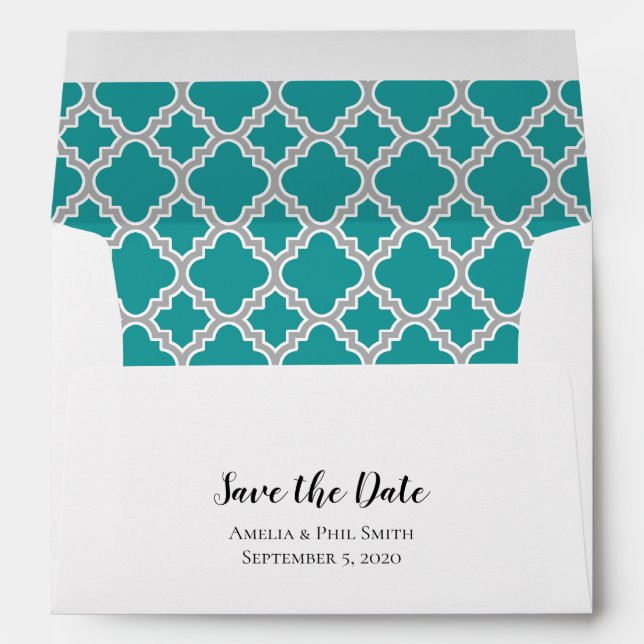 Teal Blue Grey Quatrefoil Save The Date Envelope (Back (Bottom))