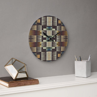 Teal Blue Grey Tan Taupe Brown Tribal Art Pattern Large Clock