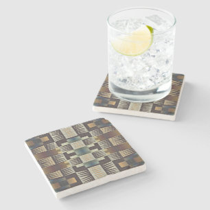 Teal Blue Grey Tan Taupe Brown Tribal Art Pattern Stone Coaster