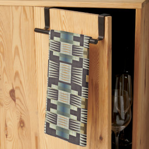 Teal Blue Grey Tan Taupe Brown Tribal Art Pattern Tea Towel