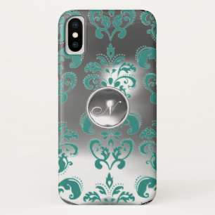 TEAL BLUE GREY WHITE DAMASK GEM MONOGRAM Case-Mate iPhone CASE