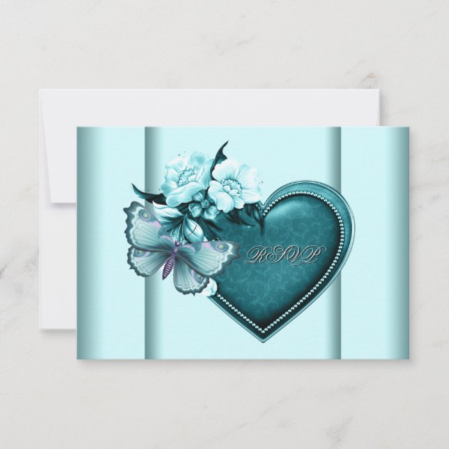 Teal Blue Heart Butterfly Teal Blue RSVP (Front)