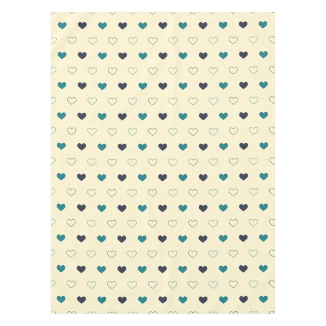 Teal & Blue Heart Pattern on Cream Background Tablecloth (Front)