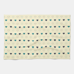 Teal & Blue Heart Pattern on Cream Background Tea Towel
