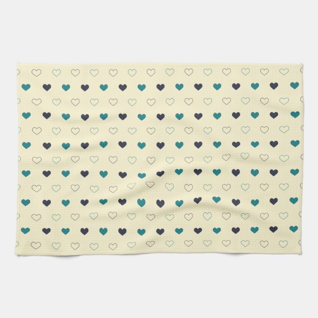 Teal & Blue Heart Pattern on Cream Background Tea Towel (Horizontal)