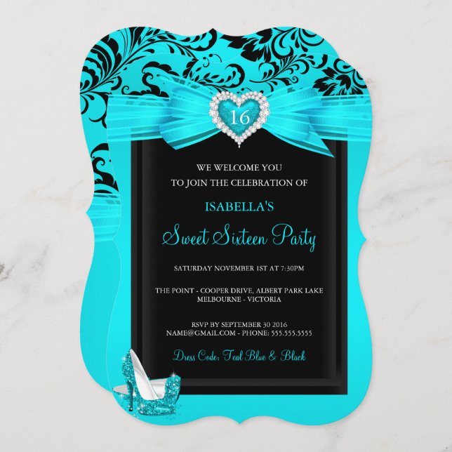 Teal Blue Heart Sweet 16 Birthday Party High Heels Invitation (Front/Back)