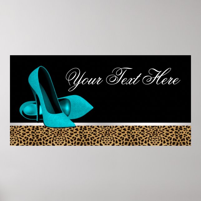 Teal Blue High Heel Shoes Leopard Party Banner Poster (Front)