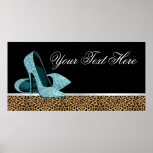 Teal Blue High Heel Shoes Leopard Party Banner Poster