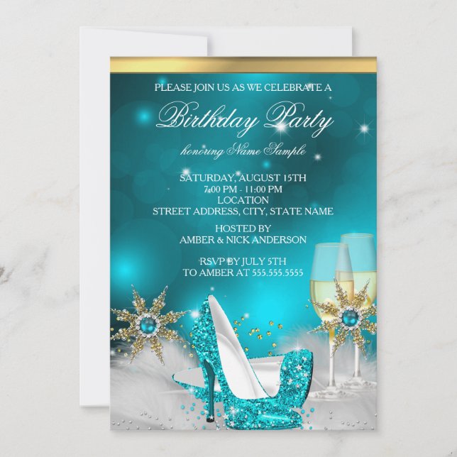 Teal Blue High Heel Shoes Silver Gold Champagne Invitation (Front)