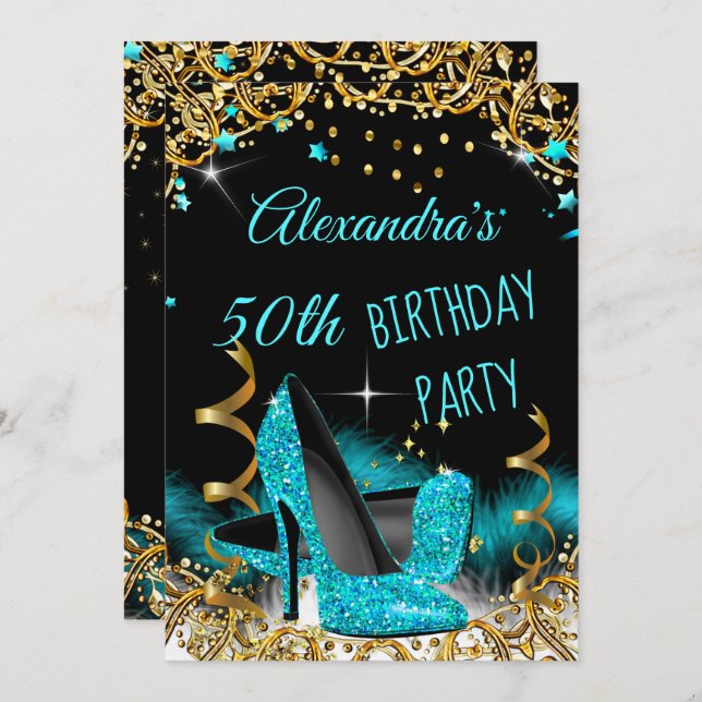Teal Blue High Heels Gold Sparkle Birthday Party Invitation (Front/Back)