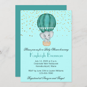 Teal Blue Hot Air Balloon Baby Boy Elephant Shower Invitation