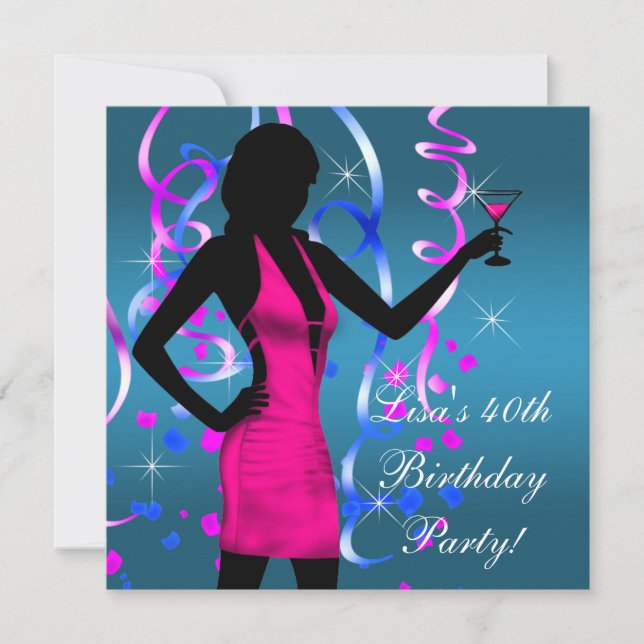 Teal Blue Hot Pink 40th Birthday Party Invitation (Front)