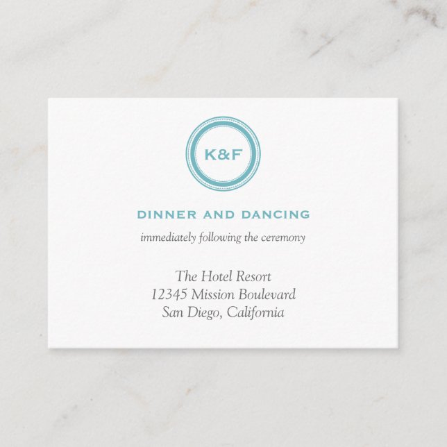 Teal blue initials wedding reception enclosure card (Front)