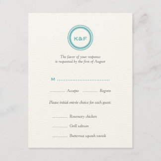 Teal blue initials wedding RSVP response card