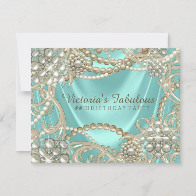 Teal Blue Ivory Pearl Birthday Party Invitation (Front)