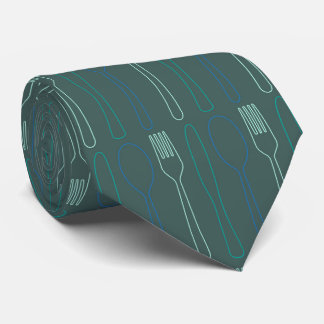 Teal Blue Knife Fork Spoon Patterned Chef Tie