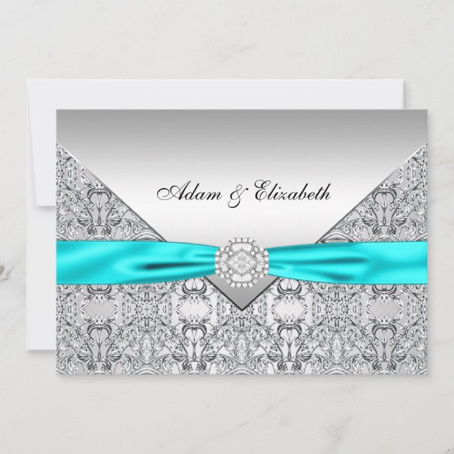 Teal Blue Lace Diamond Ribbon Wedding 5x7 Invitation (Front)