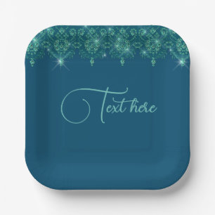 Teal blue lace elegant sparkle   paper plate