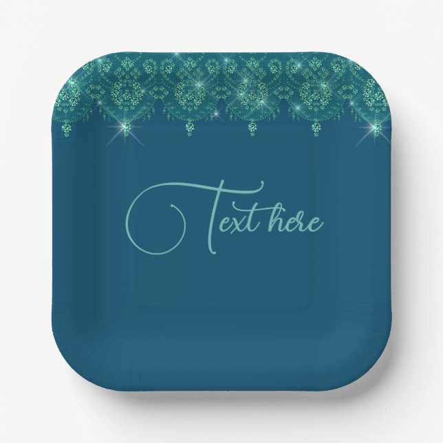 Teal blue lace elegant sparkle   paper plate (Front)