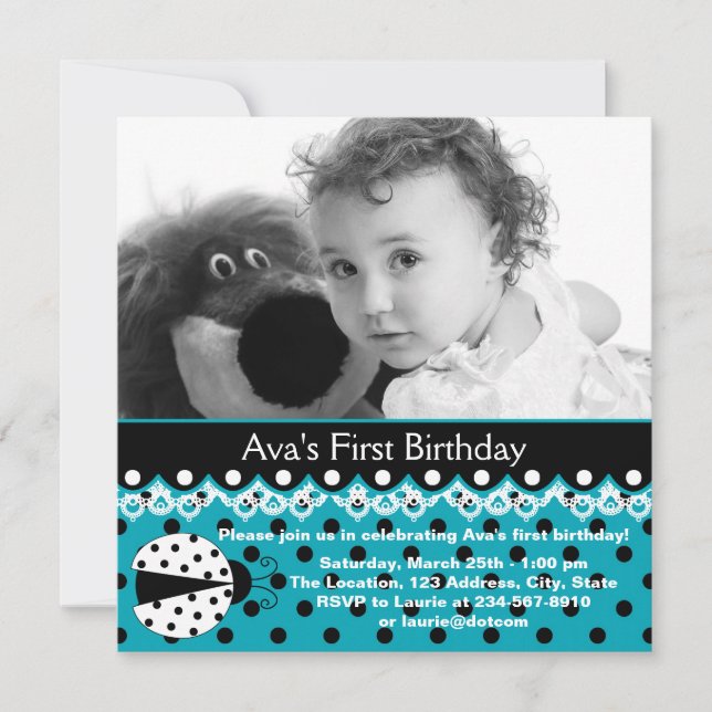 Teal Blue Ladybug Girls Photo 1st Birthday Party Invitation (Front)